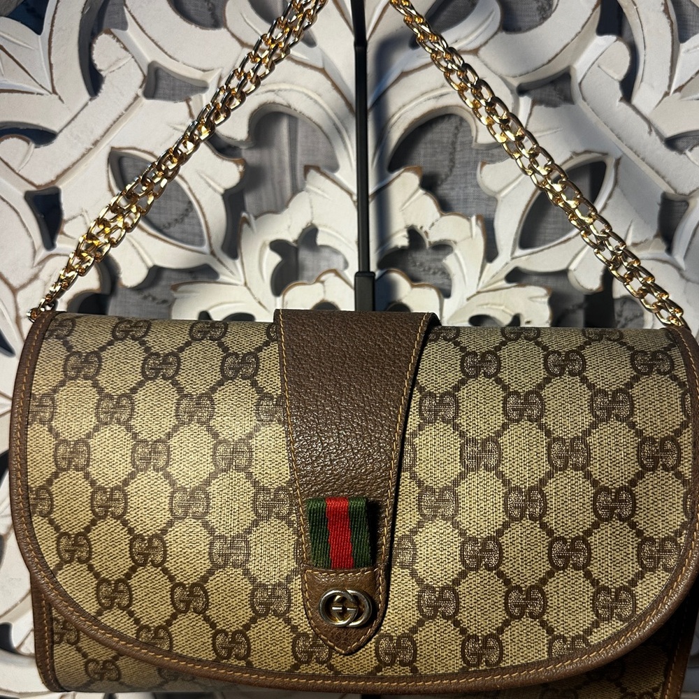 Gucci GG Supreme Web Stripe Clutch Wallet Crossbody Brown Vintage - Picture 14 of 15